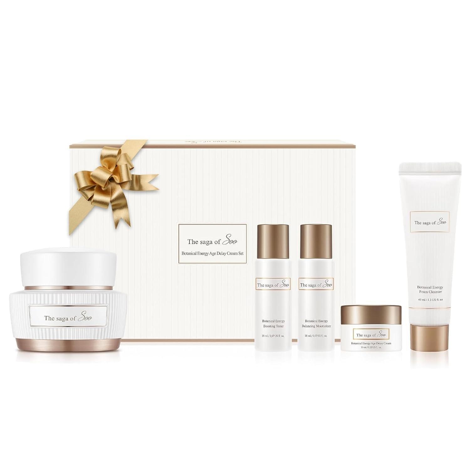 Sooryehan SAGA OF SOO BOTANICAL ENERGY AGE DELAY CREAM ПОДАРОЧНЫЙ НАБОР (150 мл / 5,07 жидких унций) - корейский уход за кожей от LG BEAUTY. Растительный энергетический крем, тоник-бустер, балансирующий увлажняющий крем, пенка для умывания