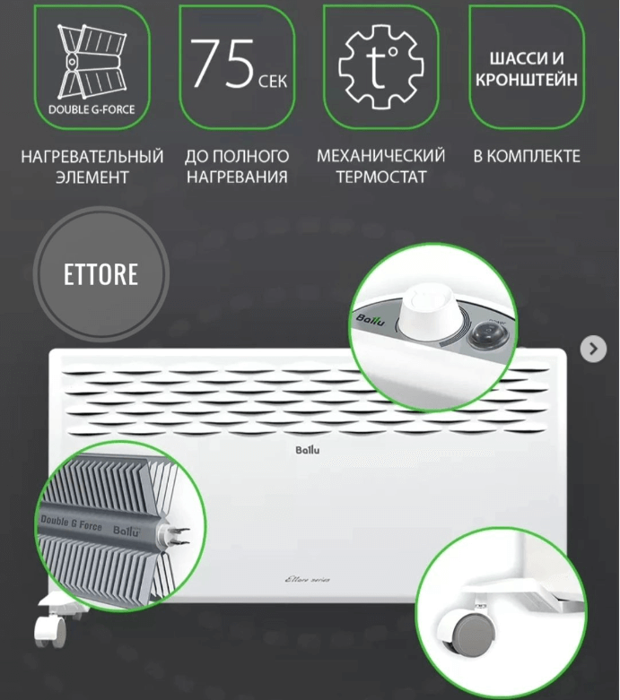 Конвекторы Ballu ETTORE 1 кВт на 10м²