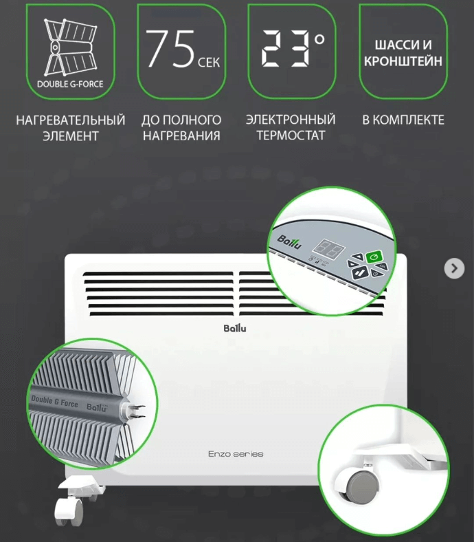 Конвекторы Ballu ENZO с электронным термостатом 1,5 кВт на 15 м²