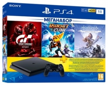 Игровая приставка Sony PlayStation 4 Slim 1TB + Gran Turismo Sport, Ratchet and Clank, Horizon Zero Dawn Complete Edition