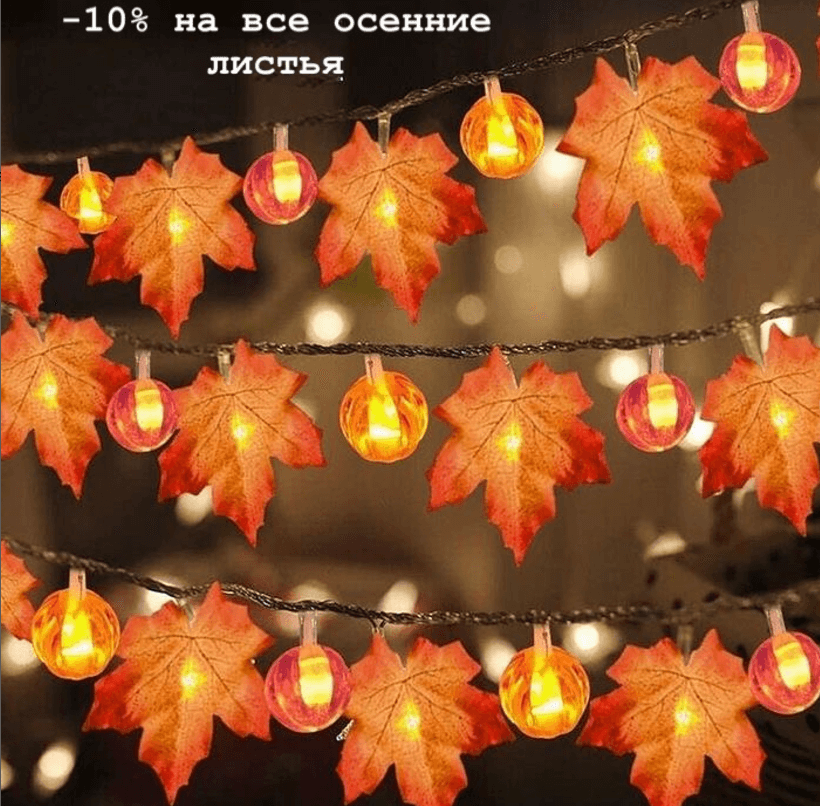 Гирлянда-нити с осенними листьями и тыковками 20 светодиодов