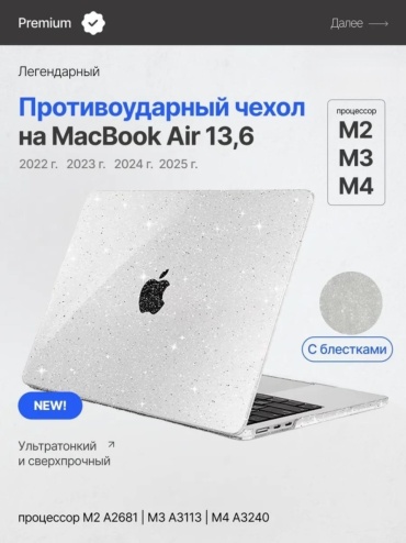 Чехол CLASSNO MacBook Air 13.6 M4, M3, M2 новый 2025 с блестками до 13.6" прозрачный