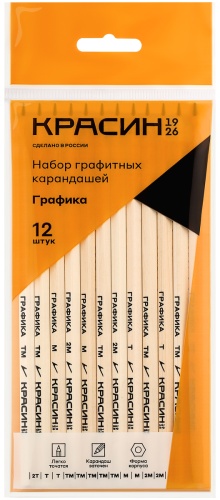 Карандаш КРАСИН КР-141200, B, HB, 2H, 2B, 3B, 12 шт